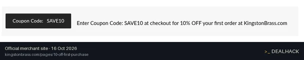 Screenshot of Kingston Brass's website on Oct 16, 2026 showing the "10% Off First Order for New Customers" offer