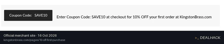 Screenshot of Kingston Brass's website on Oct 16, 2026 showing the "10% Off First Order for New Customers" offer