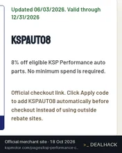 Screenshot of KSP Performance's website on Oct 18, 2026 showing the "8% Off Eligible Auto Parts With Code" offer