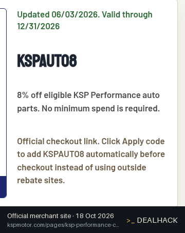 Screenshot of KSP Performance's website on Oct 18, 2026 showing the "8% Off Eligible Auto Parts With Code" offer