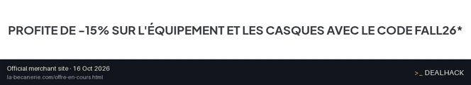 Screenshot of La Bécanerie's website on Oct 16, 2026 showing the "Save 15% on Tagged Rider Equipment and Helmets" offer