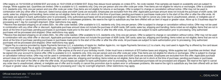 Screenshot of Lab Series's website on Oct 17, 2026 showing the "$15 Off $75+ Birthday Orders" offer