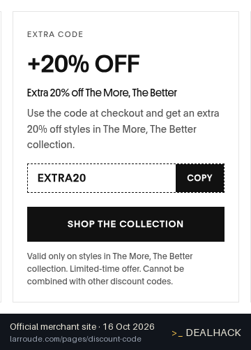 Screenshot of Larroudé's website on Oct 16, 2026 showing the "Extra 20% Off Sale Items" offer