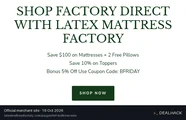 Screenshot of Latex Mattress Factory's website on Oct 16, 2026 showing the "Save 10% on Toppers at Latex Mattress Factory" offer