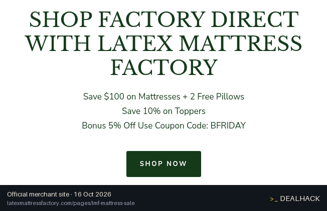 Screenshot of Latex Mattress Factory's website on Oct 16, 2026 showing the "Save 10% on Toppers at Latex Mattress Factory" offer
