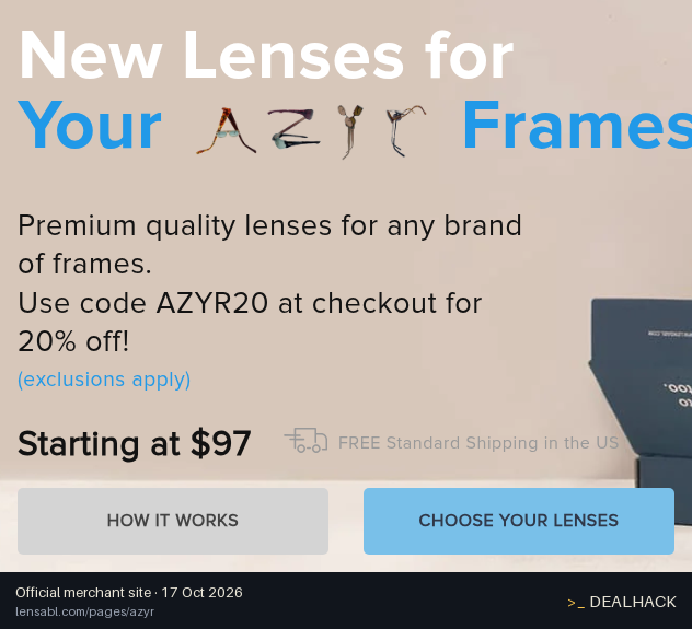 Screenshot of Lensabl's website on Oct 17, 2026 showing the "Save 20% on Premium Replacement Lenses" offer