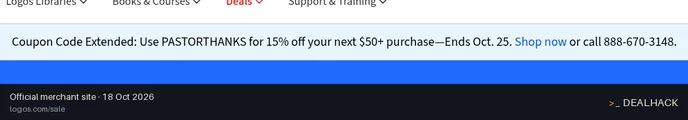 Screenshot of Logos's website on Oct 18, 2026 showing the "Take 15% Off Orders $50+ at Logos" offer