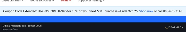 Screenshot of Logos's website on Oct 18, 2026 showing the "Take 15% Off Orders $50+ at Logos" offer