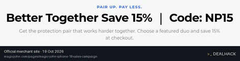Screenshot of Magic John's website on Oct 19, 2026 showing the "Save 15% on a Featured Protection Duo" offer