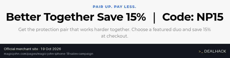 Screenshot of Magic John's website on Oct 19, 2026 showing the "Save 15% on a Featured Protection Duo" offer