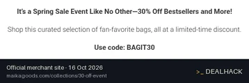 Screenshot of Maika's website on Oct 16, 2026 showing the "Save 30% on Select Bags and Bestsellers" offer