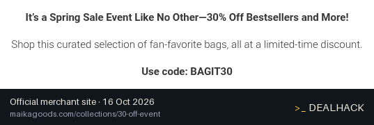Screenshot of Maika's website on Oct 16, 2026 showing the "Save 30% on Select Bags and Bestsellers" offer