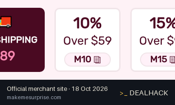 Screenshot of Make Me Surprise's website on Oct 18, 2026 showing the "Save 10% Off Orders Over $59" offer