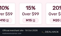 Screenshot of Make Me Surprise's website on Oct 18, 2026 showing the "15% Off Orders $99+" offer