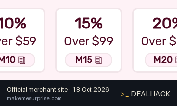 Screenshot of Make Me Surprise's website on Oct 18, 2026 showing the "15% Off Orders $99+" offer