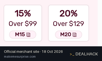 Screenshot of Make Me Surprise's website on Oct 18, 2026 showing the "20% Off Orders $129+" offer