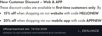 Screenshot of Matalan's website on Oct 16, 2026 showing the "Get 15% Off Your First Matalan Website Order" offer