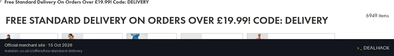 Screenshot of Matalan's website on Oct 15, 2026 showing the "Free Standard Delivery on Orders Over £19.99" offer