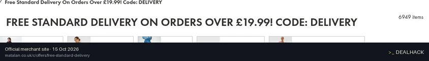 Screenshot of Matalan's website on Oct 15, 2026 showing the "Free Standard Delivery on Orders Over £19.99" offer