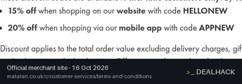Screenshot of Matalan's website on Oct 16, 2026 showing the "Get 20% Off Your First Matalan App Order" offer
