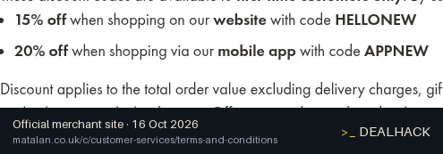Screenshot of Matalan's website on Oct 16, 2026 showing the "Get 20% Off Your First Matalan App Order" offer