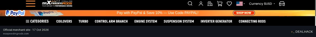 Screenshot of MaXpeedingRods's website on Oct 17, 2026 showing the "10% Off Sitewide at Maxpeedingrods" offer