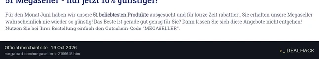 Screenshot of MEGABAD's website on Oct 19, 2026 showing the "10% Off Megaseller Products" offer