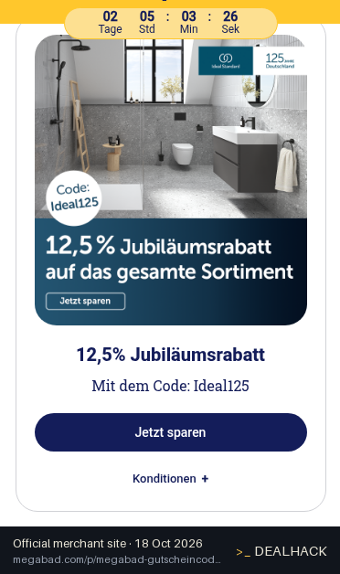 Screenshot of MEGABAD's website on Oct 18, 2026 showing the "12.5% Off Ideal Standard Items" offer