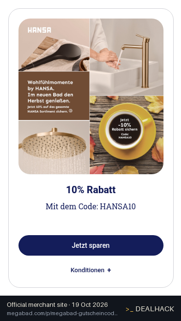 Screenshot of MEGABAD's website on Oct 19, 2026 showing the "Take 10% Off Your Megabad Order" offer