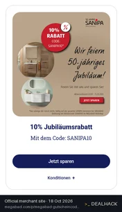 Screenshot of MEGABAD's website on Oct 18, 2026 showing the "10% Off Sanipa Items" offer