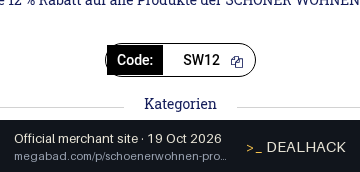 Screenshot of MEGABAD's website on Oct 19, 2026 showing the "12% Off Schöner Wohnen Kollektion" offer