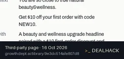 Screenshot of growthdept.ai listing a Megelin coupon on Oct 16, 2026 showing the "Get $10 Off Your First Megelin Order" offer