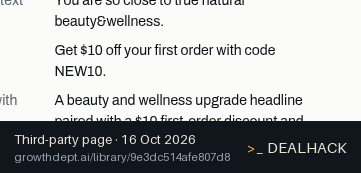Screenshot of growthdept.ai listing a Megelin coupon on Oct 16, 2026 showing the "Get $10 Off Your First Megelin Order" offer