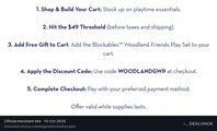 Screenshot of Melissa & Doug's website on Oct 16, 2026 showing the "Get a Free Blockables Woodland Friends Play Set" offer