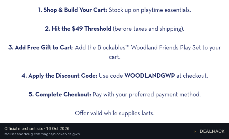 Screenshot of Melissa & Doug's website on Oct 16, 2026 showing the "Get a Free Blockables Woodland Friends Play Set" offer