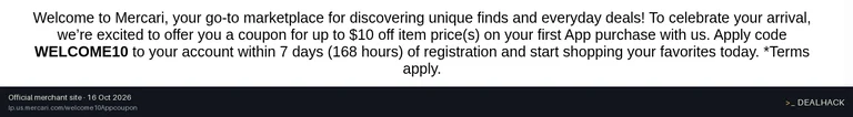 Screenshot of Mercari's website on Oct 16, 2026 showing the "Get Up to $10 Off Your First Mercari App Order" offer