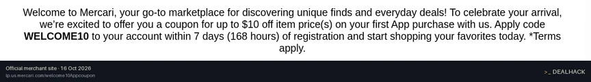 Screenshot of Mercari's website on Oct 16, 2026 showing the "Get Up to $10 Off Your First Mercari App Order" offer