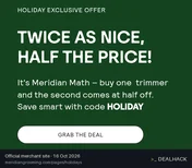 Screenshot of Meridian Grooming's website on Oct 16, 2026 showing the "Buy One Trimmer, Get One 50% Off" offer