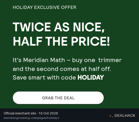 Screenshot of Meridian Grooming's website on Oct 16, 2026 showing the "Buy One Trimmer, Get One 50% Off" offer