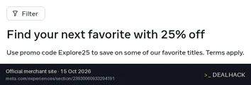 Screenshot of Meta's website on Oct 15, 2026 showing the "Save 25% on Select Meta Quest Games" offer