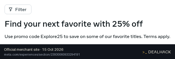 Screenshot of Meta's website on Oct 15, 2026 showing the "Save 25% on Select Meta Quest Games" offer