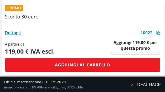 Screenshot of Mondoffice's website on Oct 16, 2026 showing the "€30 Off €119+ for New Mondoffice Customers" offer