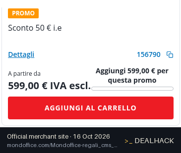 Screenshot of Mondoffice's website on Oct 16, 2026 showing the "€50 Off Orders of €599+" offer
