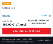 Screenshot of Mondoffice's website on Oct 16, 2026 showing the "€15 Off Orders of €199+" offer