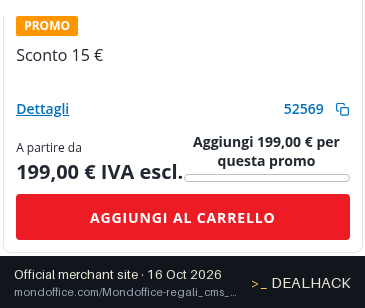 Screenshot of Mondoffice's website on Oct 16, 2026 showing the "€15 Off Orders of €199+" offer