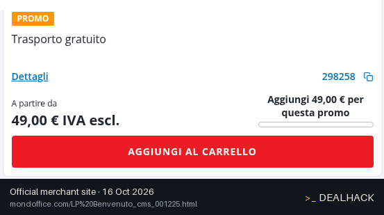 Screenshot of Mondoffice's website on Oct 16, 2026 showing the "Free Shipping on €49+ for New Customers" offer