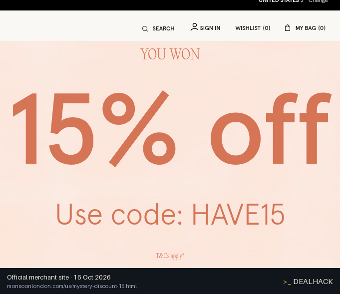 Screenshot of Monsoon's website on Oct 16, 2026 showing the "15% Off Full-Price Styles at Monsoon" offer