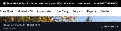 Screenshot of Mowrator's website on Oct 15, 2026 showing the "Save $100 Off Your First Mowrator S1 Order" offer