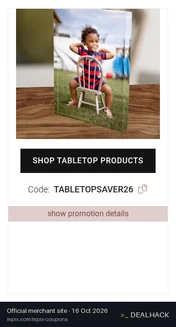 Screenshot of Mpix's website on Oct 16, 2026 showing the "Take 20% Off Tabletop Products at Mpix" offer