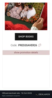 Screenshot of Mpix's website on Oct 16, 2026 showing the "20% Off Photo Books & Albums" offer
